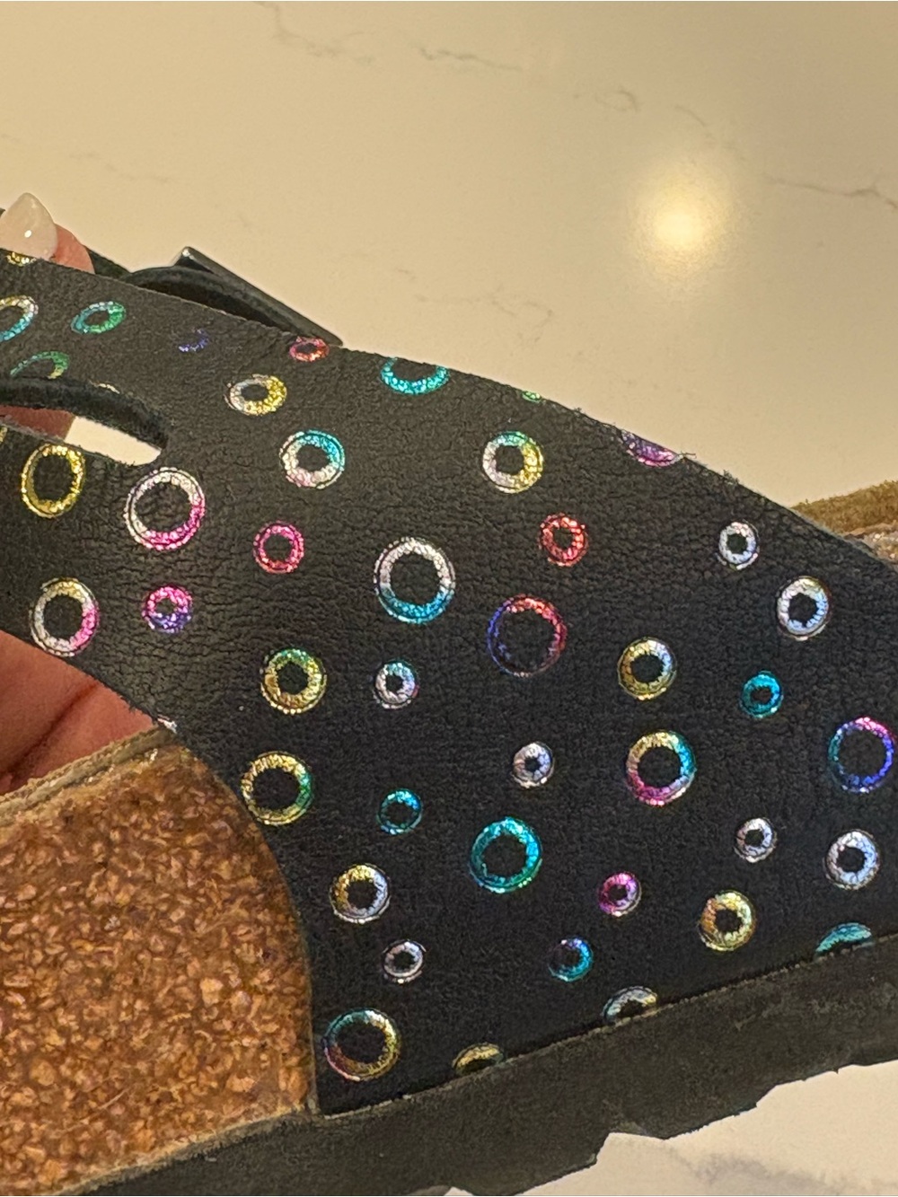Papillio Black Slide Sandal with Iridescent Multicolor Circles